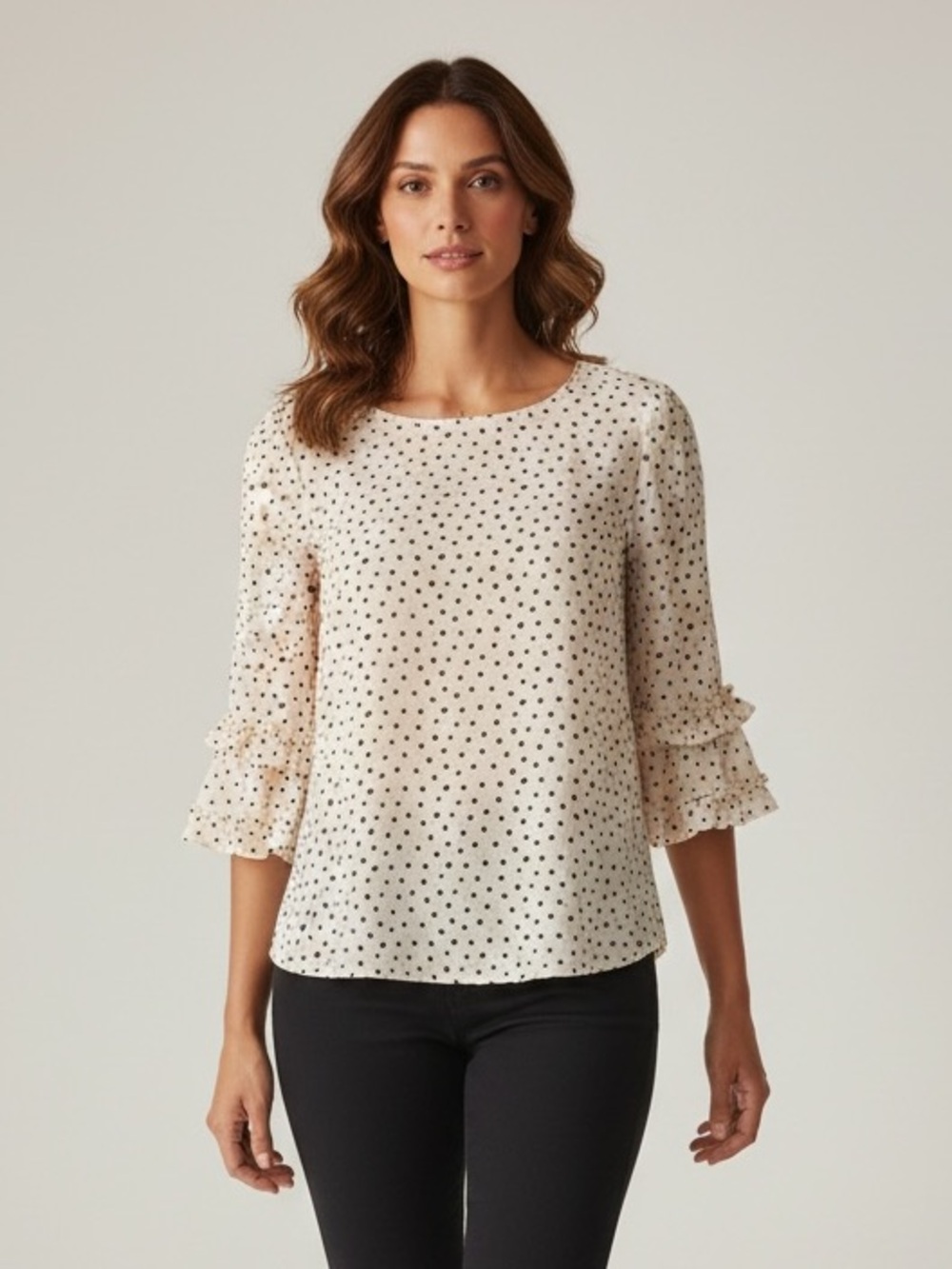 Max Studios Pink Polka Dot Ruffle Bell Sleeve Blouse Small
